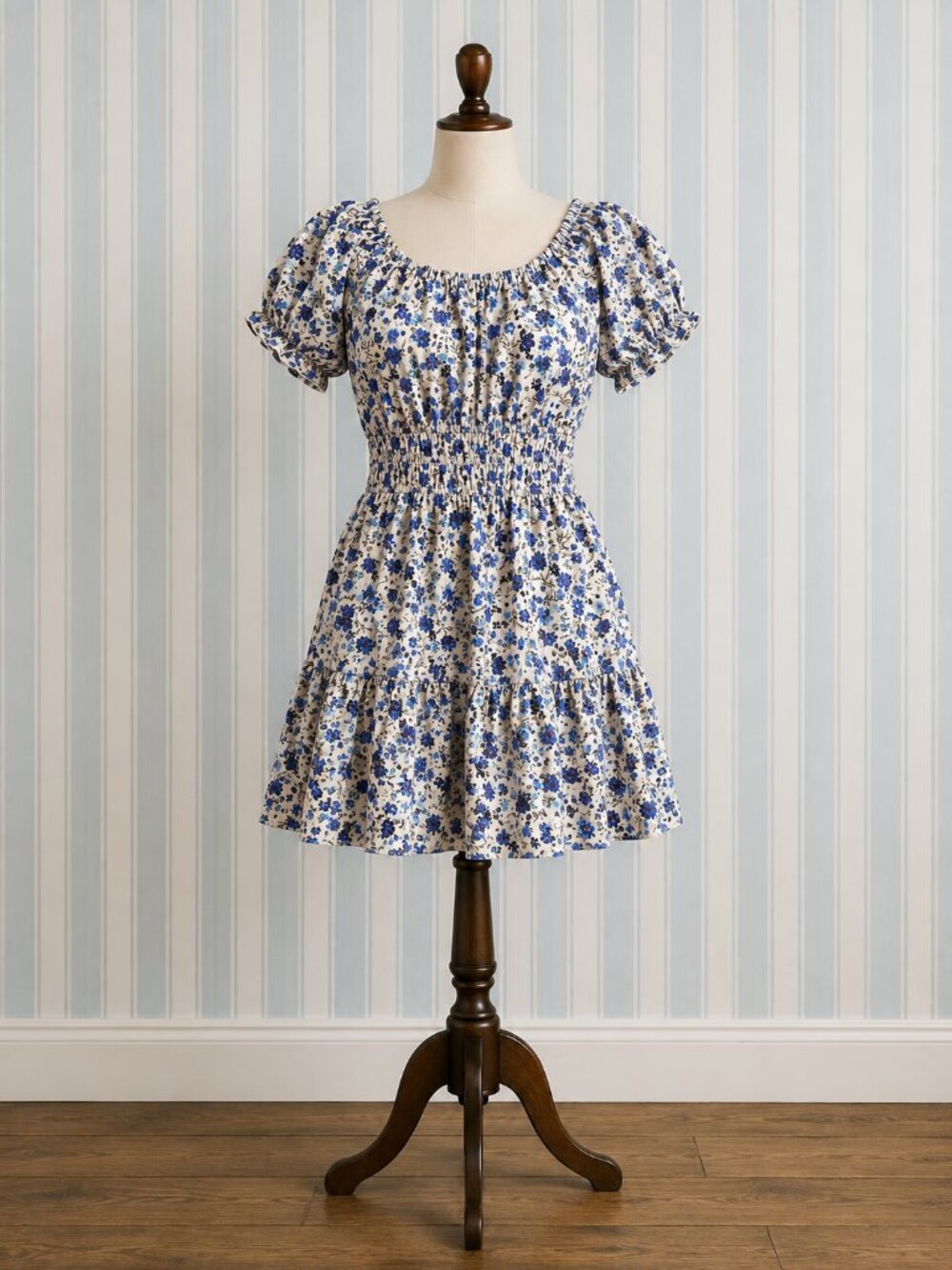 Blue Floral Smocked Dress – Large - This is a timeless, easy-to-wear dress